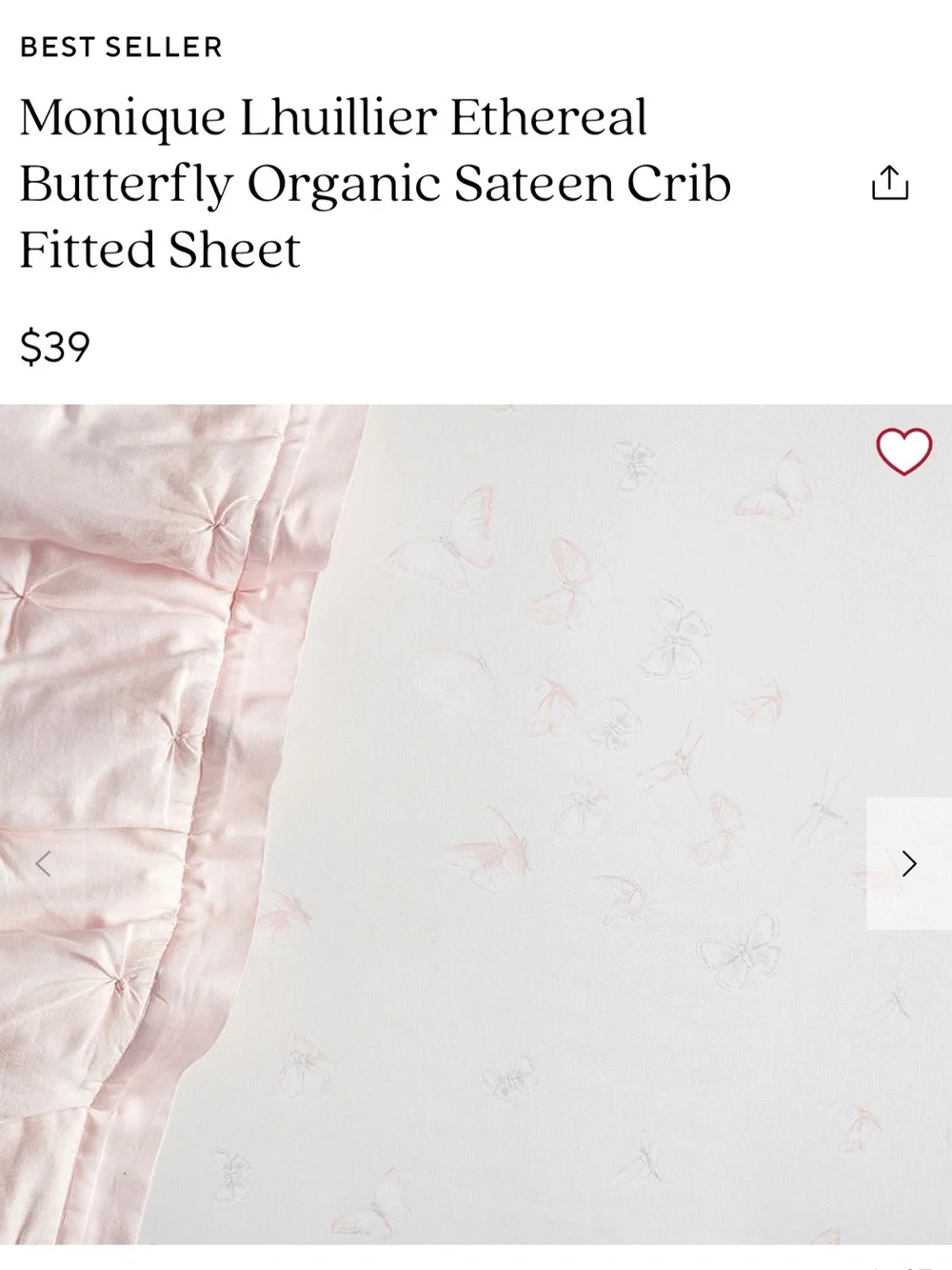 Monique Lhuillier Pale Pink Butterfly Organic Sateen Crib Sheet